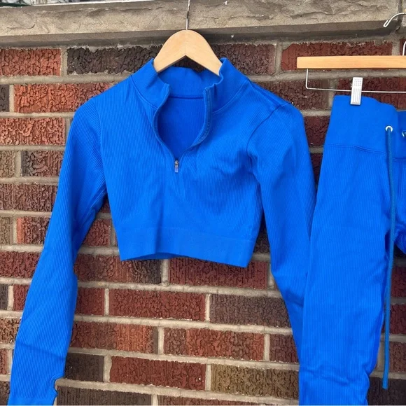 Royal Blue Ribbed High Rise Leggings Cropped Fitted Jacket Yoga Set - Picture 3 of 4